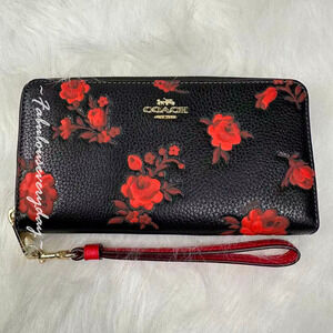 Coach Long Zip Around Wallet With Floral Print In Leather CCL36 Black/Red NWT